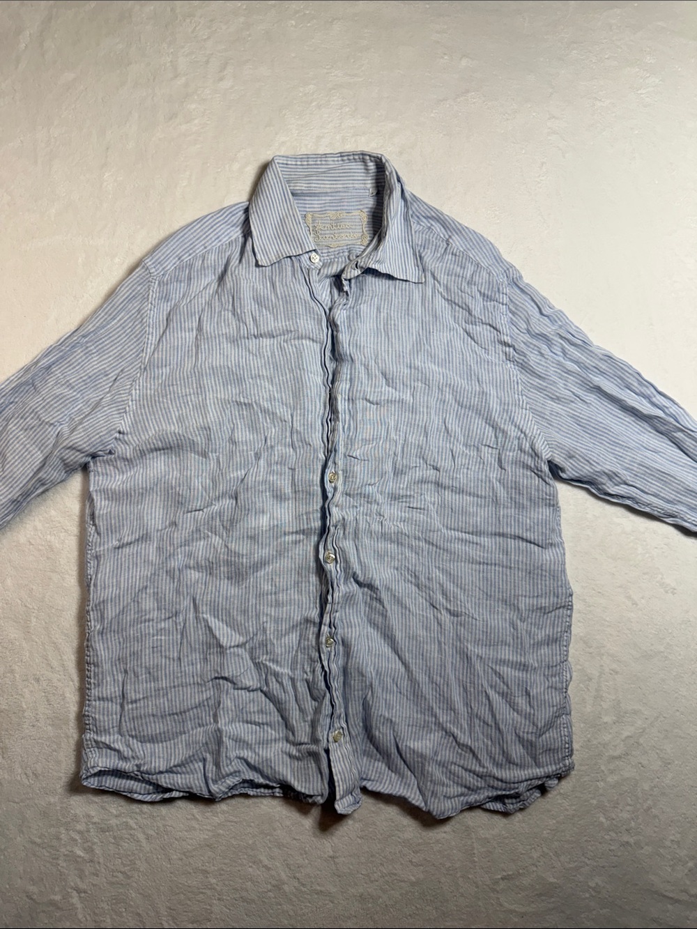 Antica Sartoria Light Blue Striped Linen Button-Down Shirt